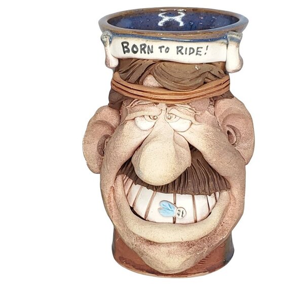 Biker Mug Motorcyclist Mug Mens Beer Mug Funny Clay Face Born to Ride - Picture 1 of 9